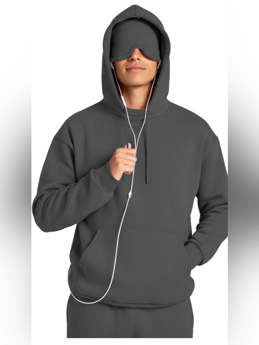 Men’s Charcoal Gray Eye Mask Built In For Airplane Comfort Mode Pullover Hoodie